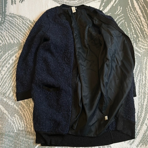 White+Warren large blue rolled maxi knit sweater jacket wool/alpaca/nylon/spandx - Picture 7 of 9